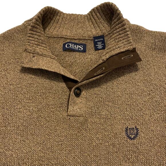 Chaps Mens Sweater 2XLT Brown 3 Button Henley Elbow Patches Old Money Heritage - Picture 3 of 14